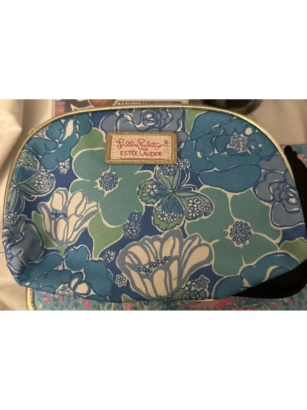 Lilly Pulitzer Estee Lauder Zip Around Blue Green Floral Butterfly Cosmetic Bag